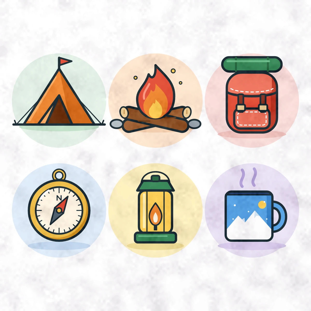 Six camping icons: tent, campfire, backpack, compass, lantern and mug: the original PNG