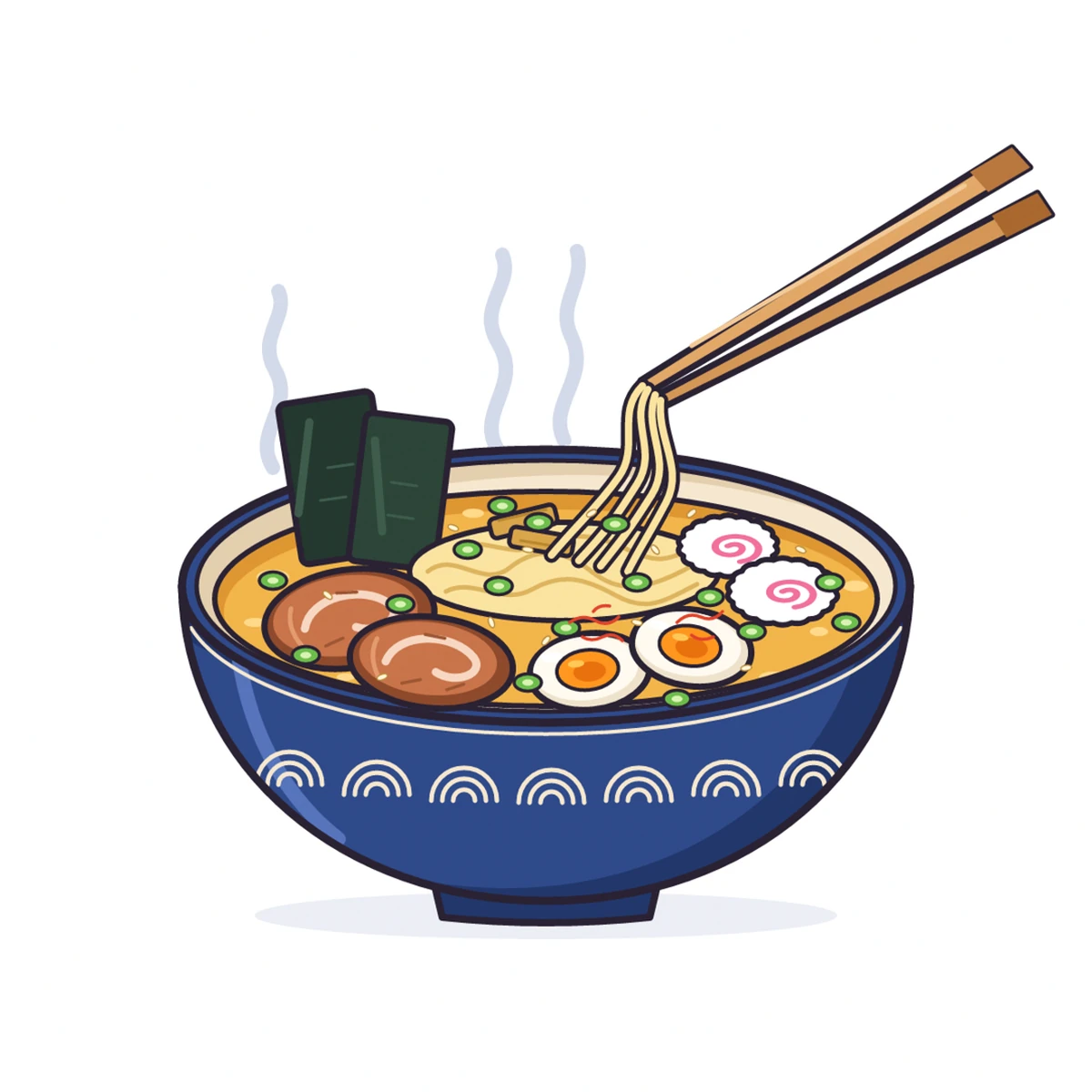 A bowl of ramen with egg, naruto, nori and chopsticks: the original PNG